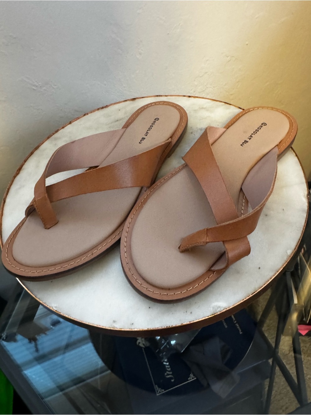 Chocolat Blu Women’s Tan Leather Toe-Loop Slide Sandals